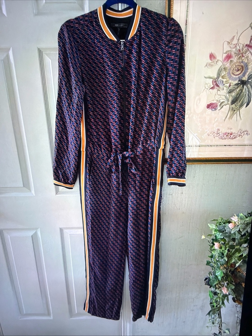 BCBGMaxAzria Navy Patterned Zip-Front Jumpsuit with Yellow & White Stripe Trim